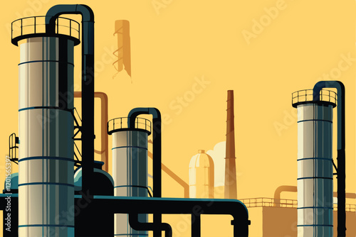 A detailed vector illustration of an industrial plant with smokestacks, cooling towers, pipes, and machinery.