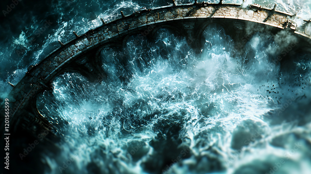 Fototapeta premium Aerial view of old stone bridge surrounded by turbulent ocean waves, creating dramatic scene of nature power and beauty