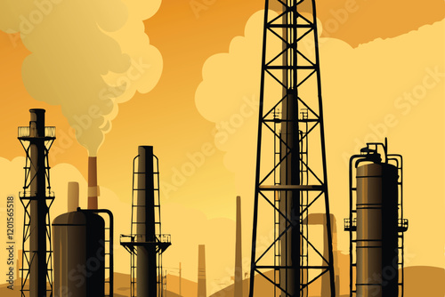 A detailed vector illustration of an oil refinery with metallic equipment, including towers, tanks, pipes, and control panels, set against a stylized industrial background.