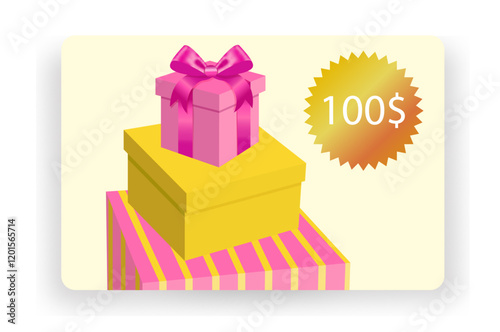 Vector Gift Card and Blank Gift Certificate with pink  and yellow gift boxes Silk Ribbon and Satin Bow . Voucher, greeting or Sale Card,  Isolated. Birthday, Christmas