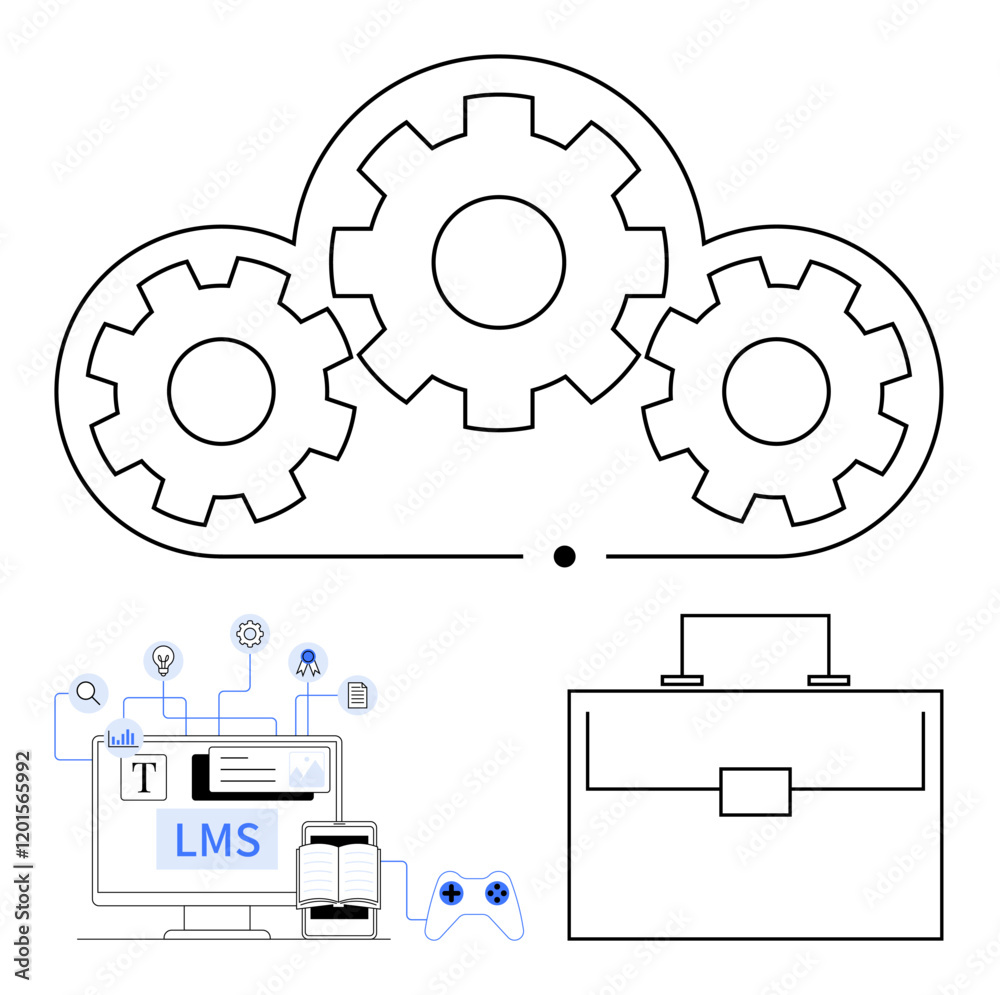 Cloud with gears symbolizing integration, LMS technology setup, briefcase for workflow. Ideal for education, tech management, remote work, automation, e-learning, business abstract line flat Cloud with gears symbolizing integration, LMS technology setup, briefcase for workflow. Ideal for education, tech management, remote work, automation, e-learning, business abstract line flat