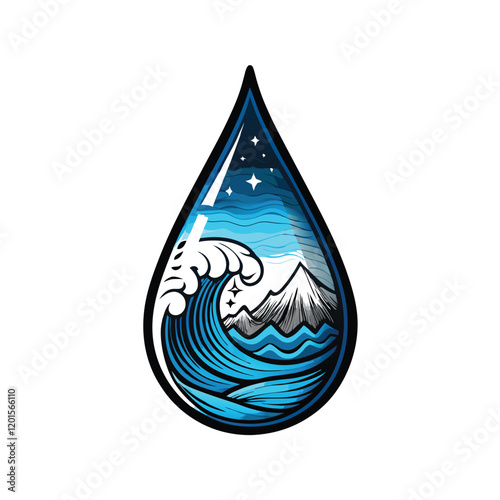 A single water droplet splitting into two distinct landscapes, one representing a vast ocean with crashing waves and the other depicting a majestic mountain range with snow-capped peaks.