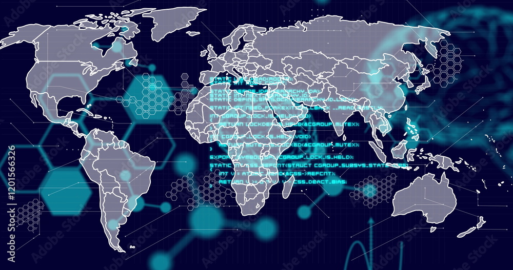 Fototapeta premium Image of scientific data processing and human brain with world map over dark background
