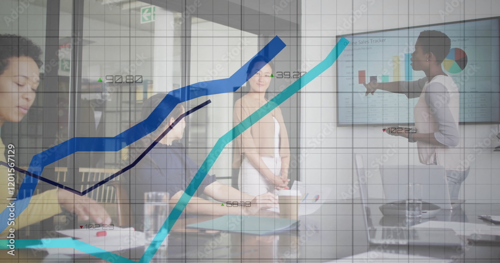 Fototapeta premium Image of financial data processing over diverse business people in office