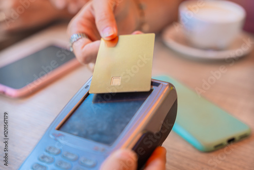 Woman Making Contactless Payment with Credit Card in a Cafe