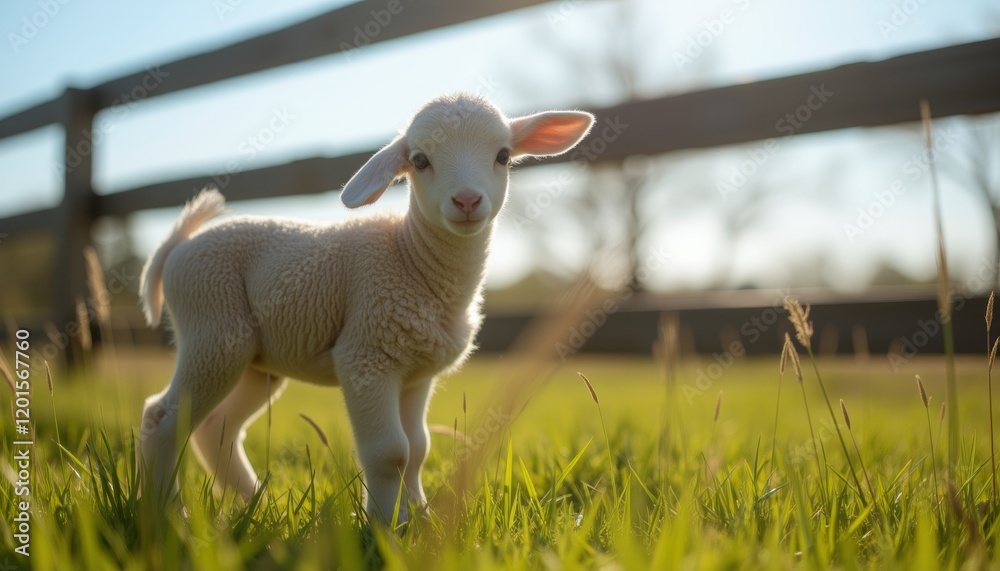Obraz premium Baby lamb in a field near wooden fence at sunset.