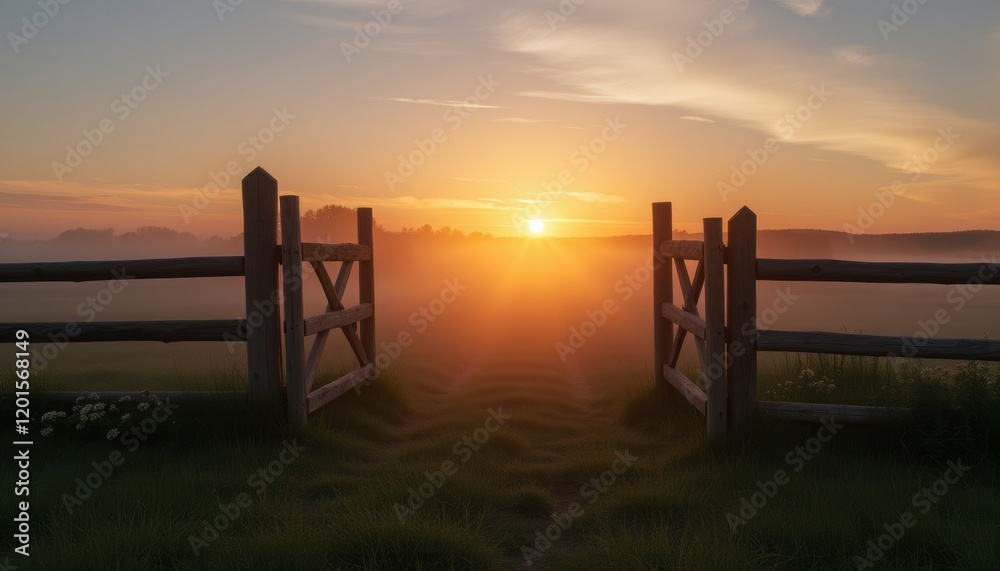 Open gate leading to a foggy sunrise over a countryside path. Open gate leading to a foggy sunrise over a countryside path.