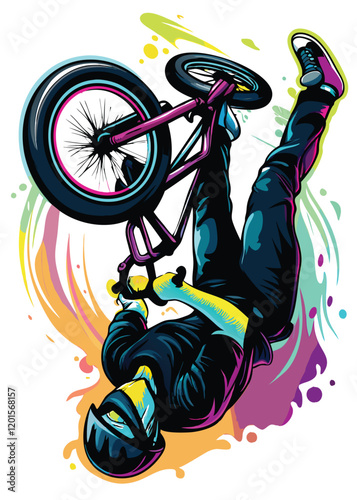 A BMX rider performing a backflip mid-air, with splashes of vibrant water creating a dynamic and artistic effect.