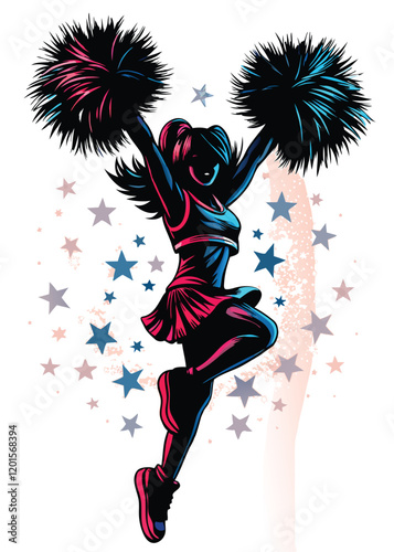 A high school cheerleader with a bright smile jumps high in the air, her pom poms flying, surrounded by a cheering crowd.