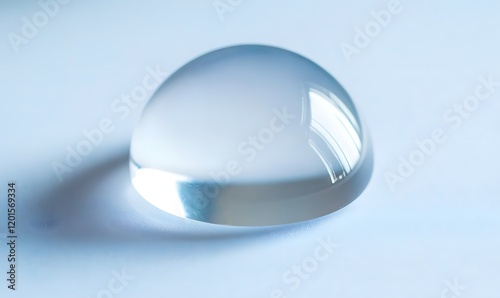 Clear glass hemisphere on light blue background.