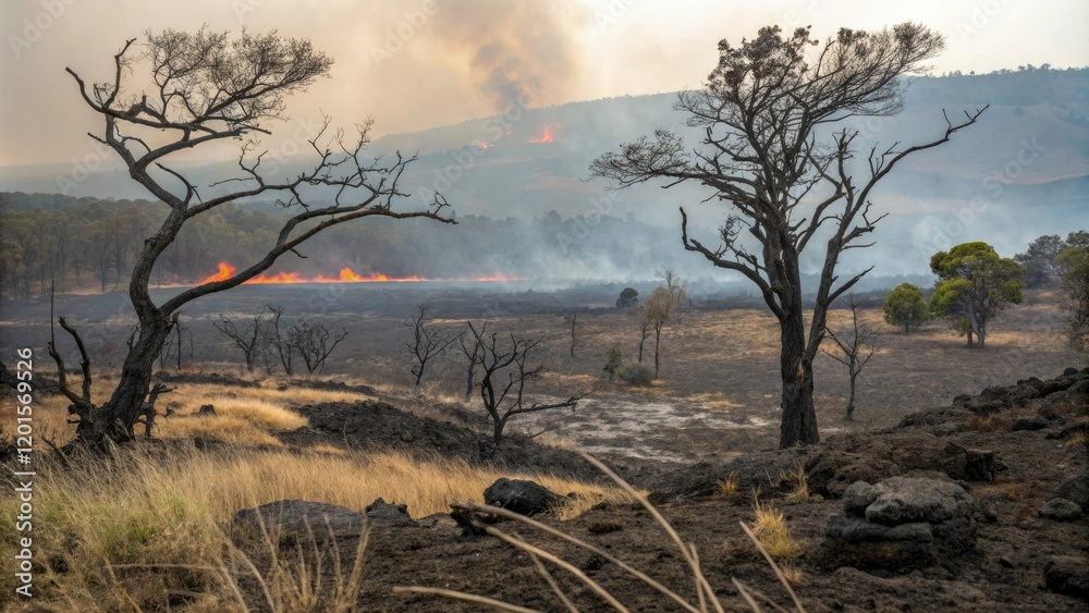 Canyon floor covered in volcanic ash with twisted trees and burning grasslands, twisted trees, burning grasslands, volcanic ash, canyon floor Canyon floor covered in volcanic ash with twisted trees and burning grasslands, twisted trees, burning grasslands, volcanic ash, canyon floor