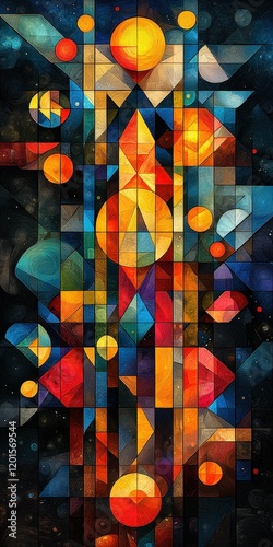 Geometric stained glass mosaic with a cosmic theme. Rich colors and textured patterns create a sense of depth and wonder. Perfect for art prints or backgrounds. photo