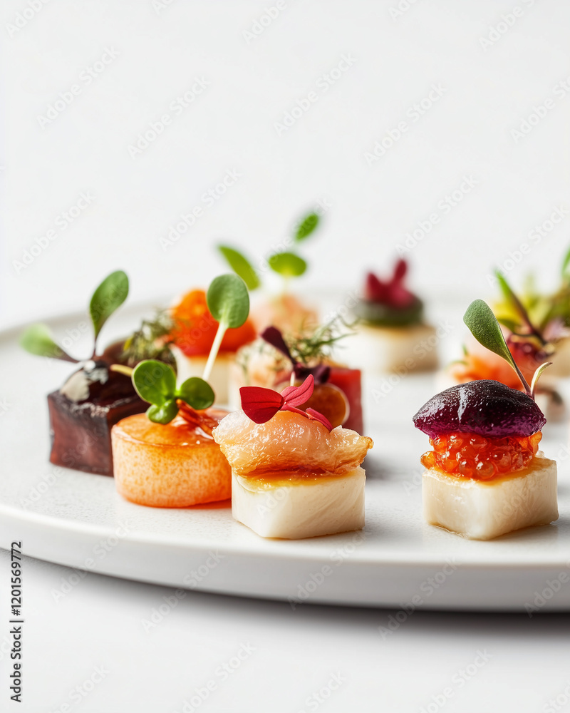 Gourmet appetizers with vibrant garnishes on white plate Gourmet appetizers with vibrant garnishes on white plate