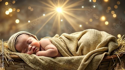 Peaceful Baby Sleeping in Basket with Blanket in the Lights of sun. Traditional concept for Birth of Jesus Christ