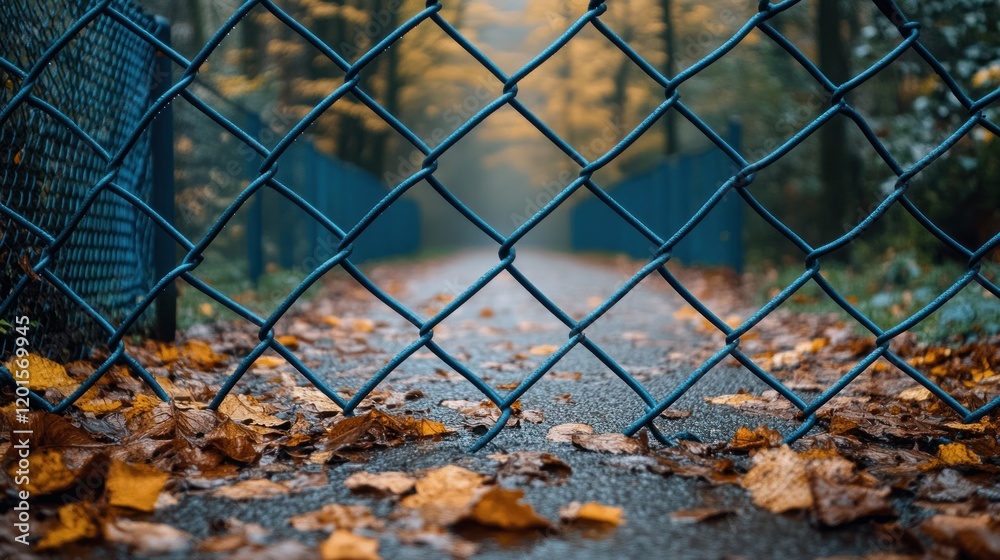 Autumn path through wire fence, leaves. Autumn path through wire fence, leaves.