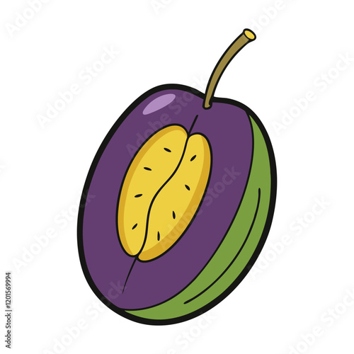 A dry plum fruit, or prune, cut in half reveals a rich, dark interior with a chewy texture and a sweet, concentrated flavor, showcasing its wrinkled skin and dense flesh.