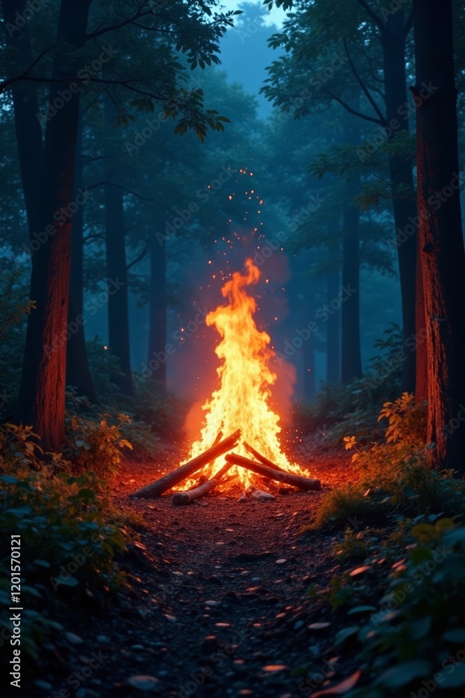 A mesmerizing campfire flickers in a tranquil forest at dusk, surrounded by tall trees. A mesmerizing campfire flickers in a tranquil forest at dusk, surrounded by tall trees.