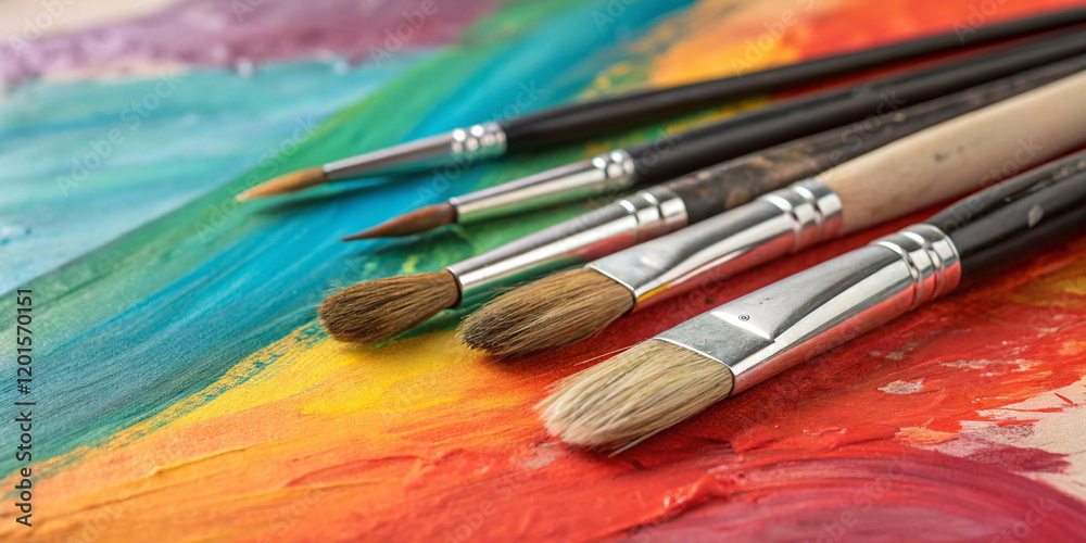 Artist's Paint Brushes Surrounded by a Colorful Painted Background Artist's Paint Brushes Surrounded by a Colorful Painted Background