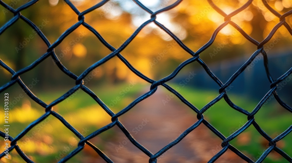 Fototapeta premium Autumn sunset view through chain link fence.