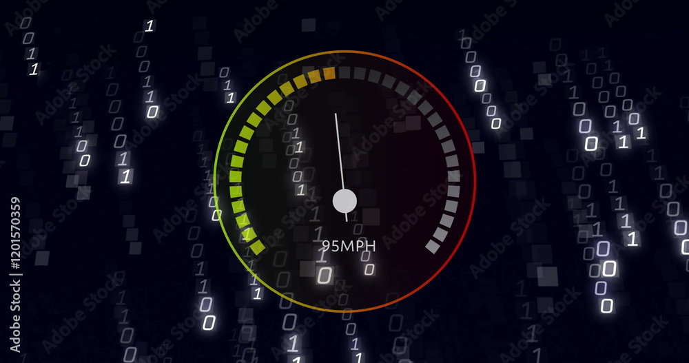 Fototapeta premium Image of speedometer over data processing on black background
