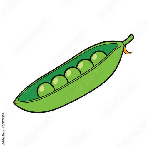 A vibrant green pea pod cut in half, revealing shiny, round peas nestled inside. The peas are smooth, fresh, and glistening with a natural, dewy sheen.