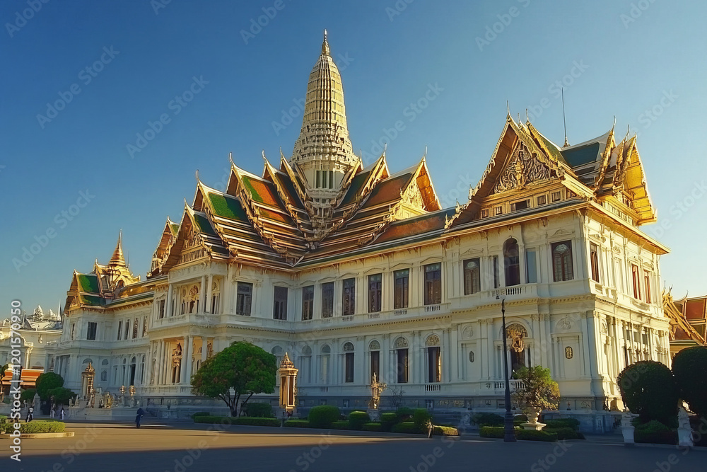 Naklejka premium explore the elegance of dusit palace in bangkok: a landmark showcasing traditional thai royal architecture with white and golden spires