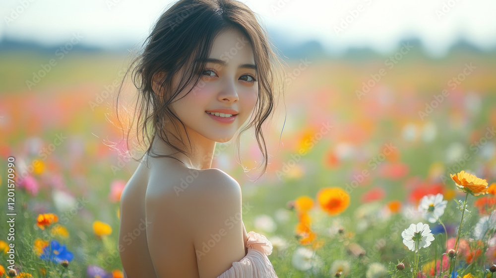 Naklejka premium Indonesian woman smiling in romantic moment at beautiful colorful flower field