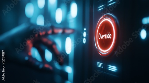 A robotic hand is poised over a glowing red override button in a high-tech control room. The atmosphere suggests a tense moment during an AI takeover scenario. photo