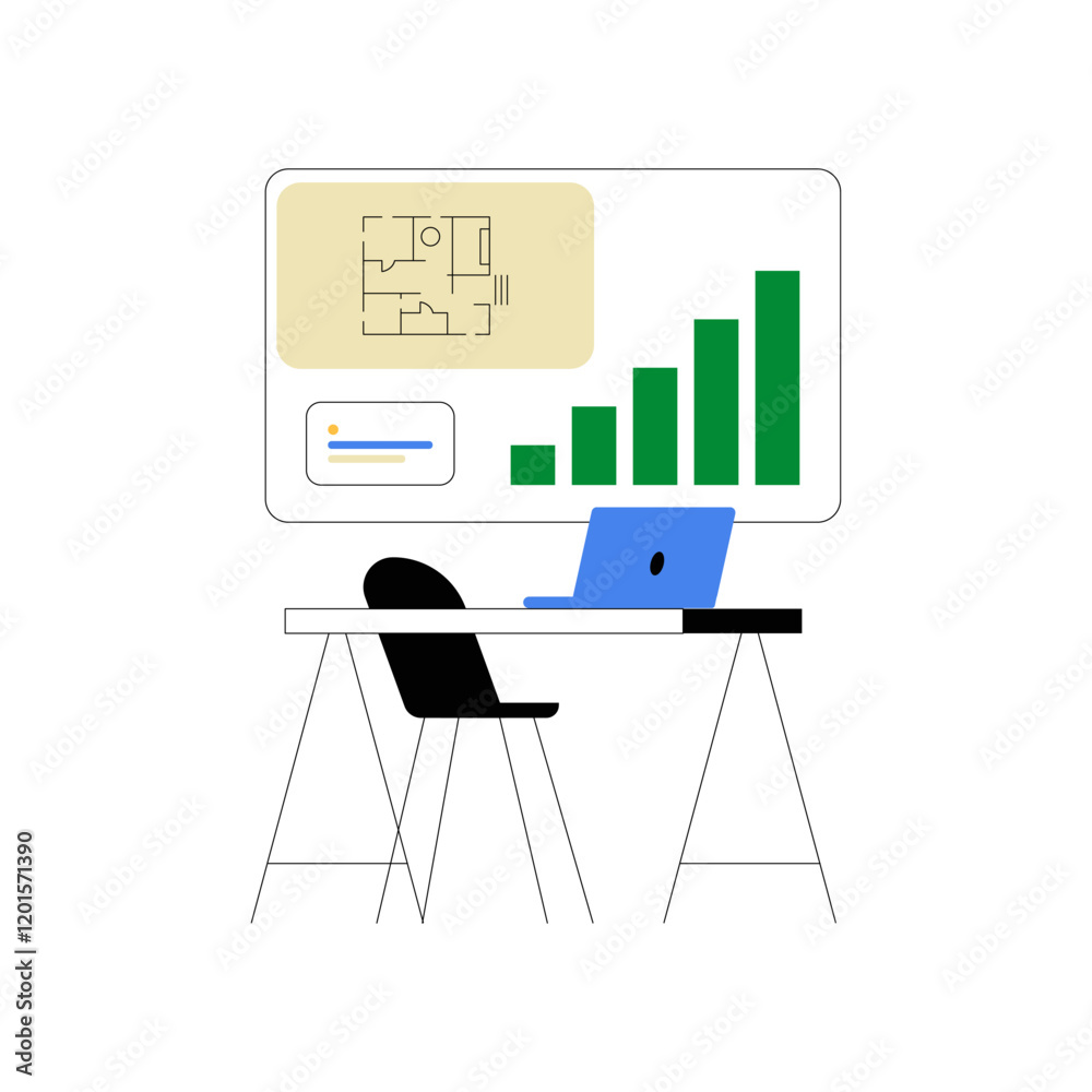 Workspace With Laptop And Graphs On Screen In Flat Vector Illustration Symbolizing Productivity, Business Analysis, And Technology, Isolated On White Background. Workspace With Laptop And Graphs On Screen In Flat Vector Illustration Symbolizing Productivity, Business Analysis, And Technology, Isolated On White Background.
