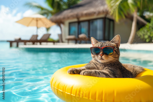 Cat relaxing in a yellow inflatable ring in a swimming pool wearing sunglasses photo