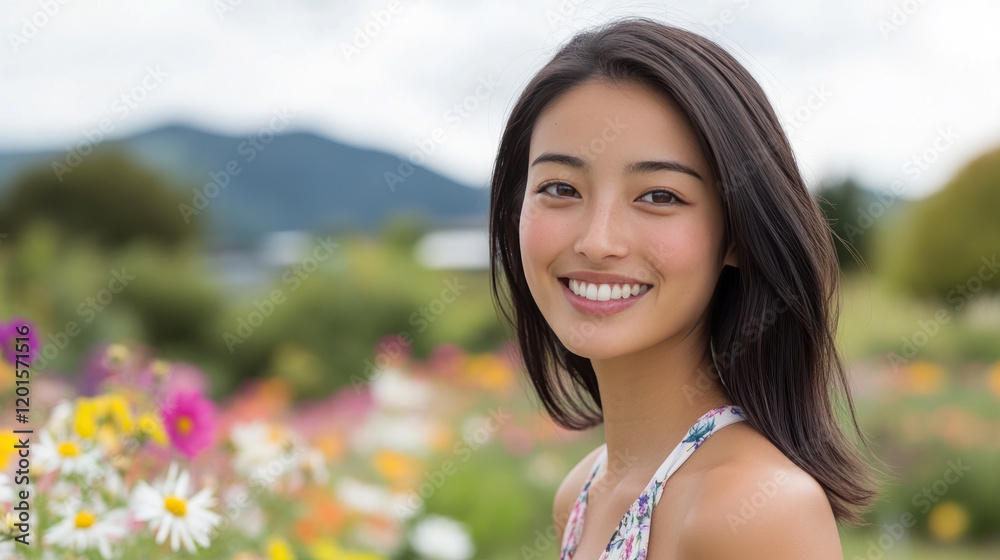 Japanese woman smiling in romantic moment at beautiful colorful flower field Japanese woman smiling in romantic moment at beautiful colorful flower field