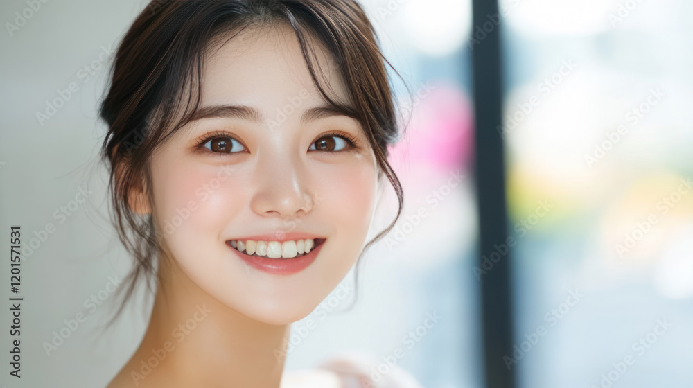Korean woman smiling in romantic moment at beautiful colorful flower field Korean woman smiling in romantic moment at beautiful colorful flower field