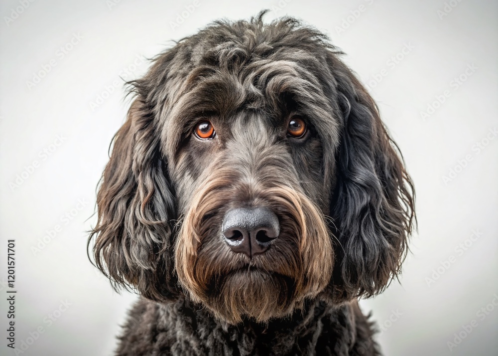 Surreal Portrait: Black Labradoodle Dog, White Background, Mystical Eyes Surreal Portrait: Black Labradoodle Dog, White Background, Mystical Eyes