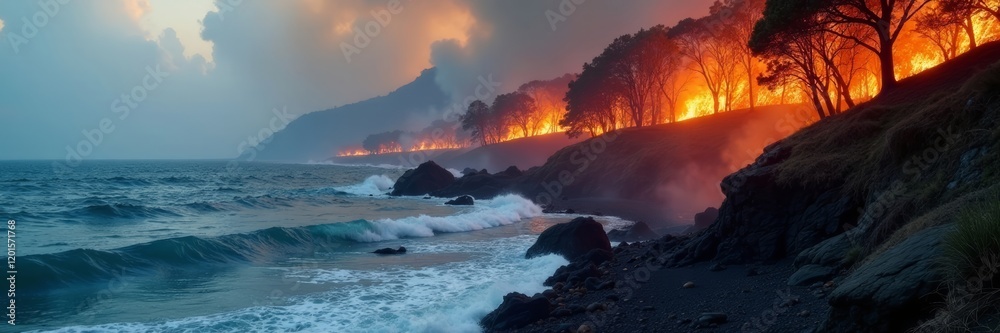 Fototapeta premium A dramatic scene of a coastal forest fire with waves and smoke in the background.