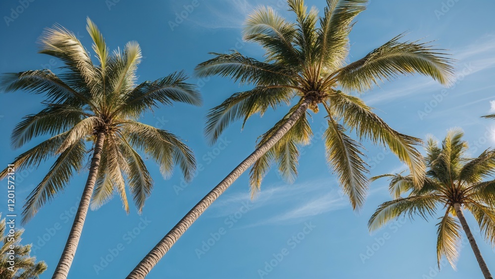 Tall coconut palm trees sway against a blue tropical sky on a beautiful island beach Tall coconut palm trees sway against a blue tropical sky on a beautiful island beach