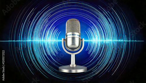 Retro microphone on a dark blue background with radiating sound waves. Ideal for podcasting, music, broadcasting, and audio technology concepts.