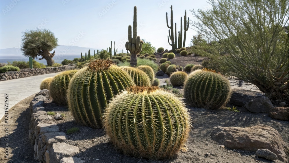 Bushes of round large cacti Echinocactus gruzoni, low maintenance landscaping, desert plant species, prickly succulents Bushes of round large cacti Echinocactus gruzoni, low maintenance landscaping, desert plant species, prickly succulents