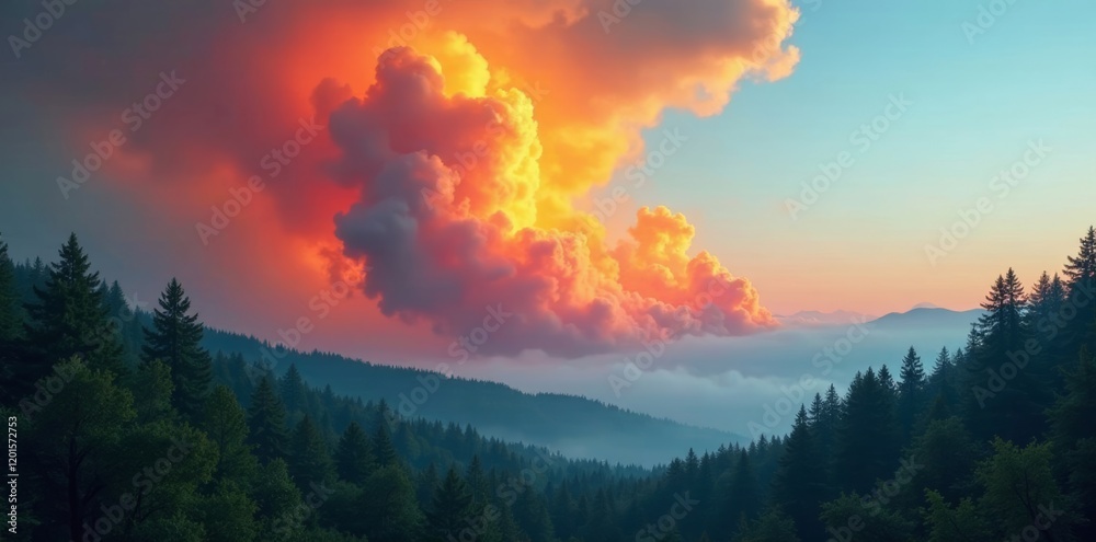 Fototapeta premium Stunning landscape of a forest at sunset with vibrant clouds and misty mountains.