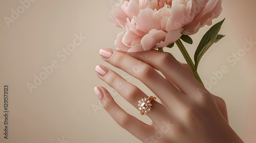 Elegant hand with pink nails holding a delicate peony, adorned with a pearl ring.