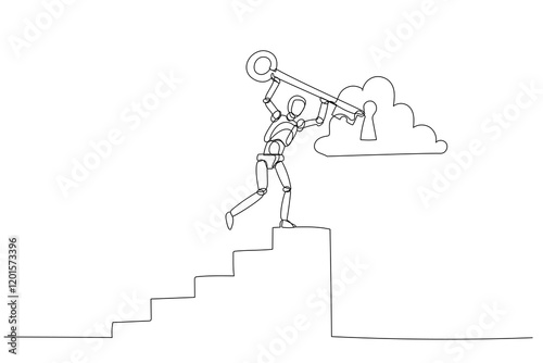 One-line drawing of a robot holding a key climbing stairs towards cloud lock minimalist vector illustration. Symbol of digital access. For technology and cloud security publications, posters, website