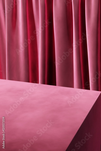 Valentine's day background with pink velvet backdrop and pastel table corner.