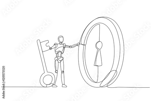 Oneline drawing of a robot figure holding a large key with a circular lock minimalist vector illustration. Symbol of access, unlocking opportunities, ideal for business, technology logo and icon