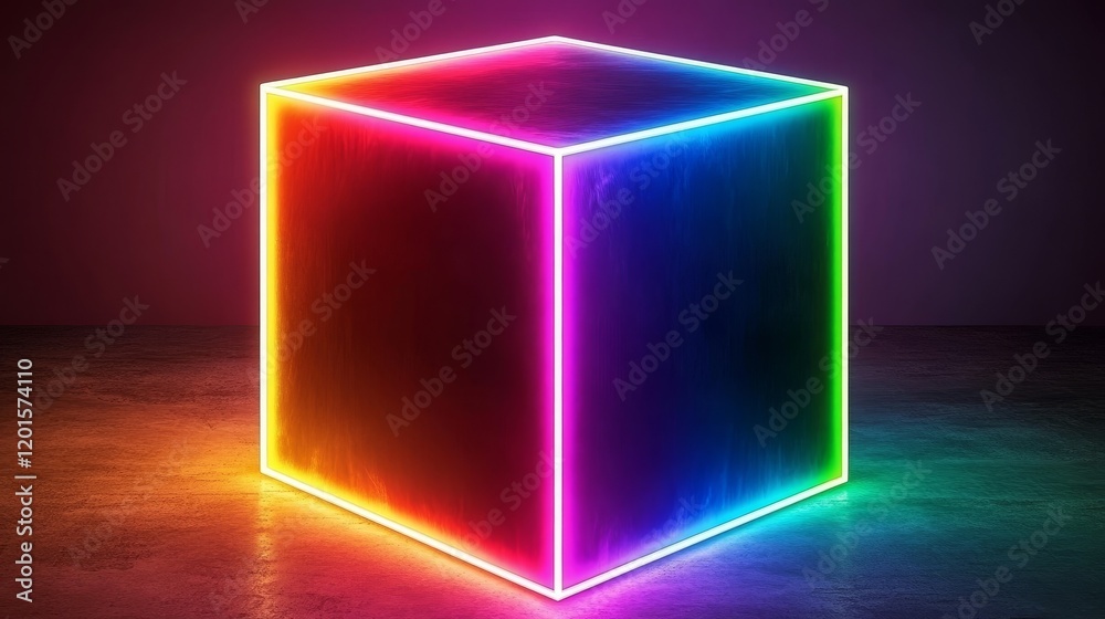 3D Glowing Neon Cube on Dark Background with Holographic Light Effects, Digital Abstract, Geometric Block Symbol for Technology, Data, and Cyber Networks 3D Glowing Neon Cube on Dark Background with Holographic Light Effects, Digital Abstract, Geometric Block Symbol for Technology, Data, and Cyber Networks