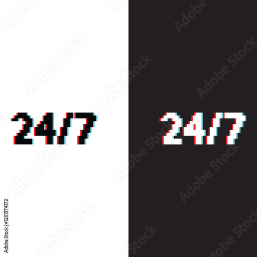 glitch effect support 24 7 icon 8 bit, pixel art icon for game logo.	