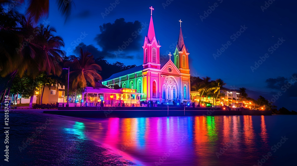 Fototapeta premium Illuminated Caribbean church at night, beach, palm trees, reflection, tourism