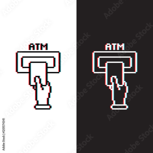 glitch effect pixel ATM icon. Vector pixel art Money from atm 8 bit for game company logo template