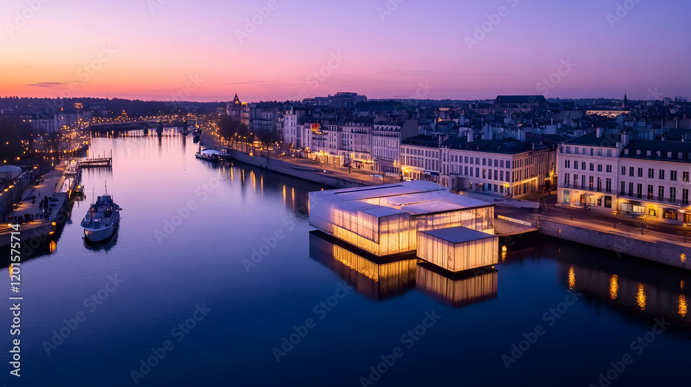 Naklejka premium Modern riverside building at dawn, city skyline & calm river reflections. Perfect for travel brochures & city guides