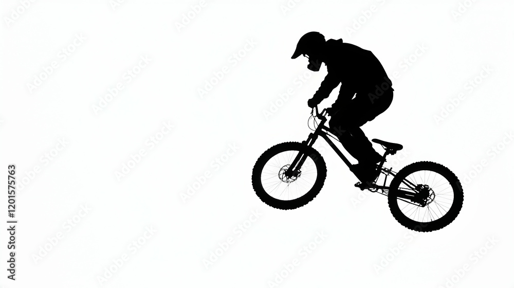 Mountain biker silhouette mid-air jump, snowy landscape background, action sports imagery Mountain biker silhouette mid-air jump, snowy landscape background, action sports imagery