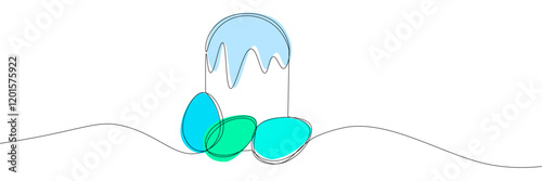 Continuous one simple single abstract line drawing of easter cake and eggs on a white background. Linear stylized. One line icon. Continuous line easter cake and eggs icon. Vector illustration
