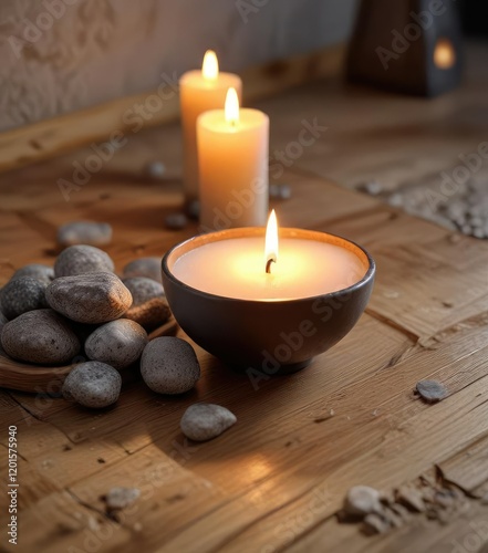 Bowl of sugar and rocks alongside a soft glowing candle on a wooden table with a natural stone floor , , earthy tone photo